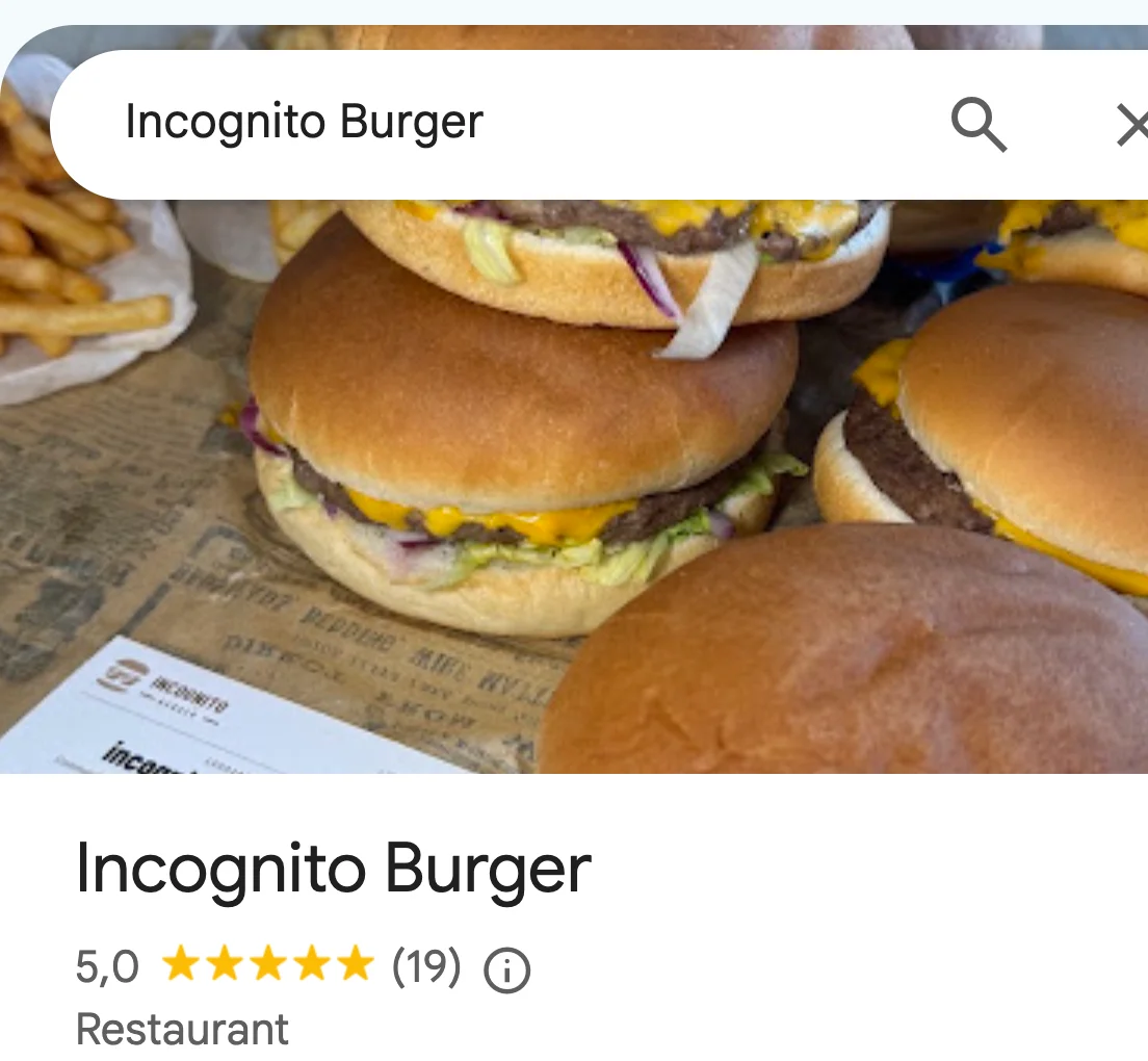 Fiche Google, Incognito Burger