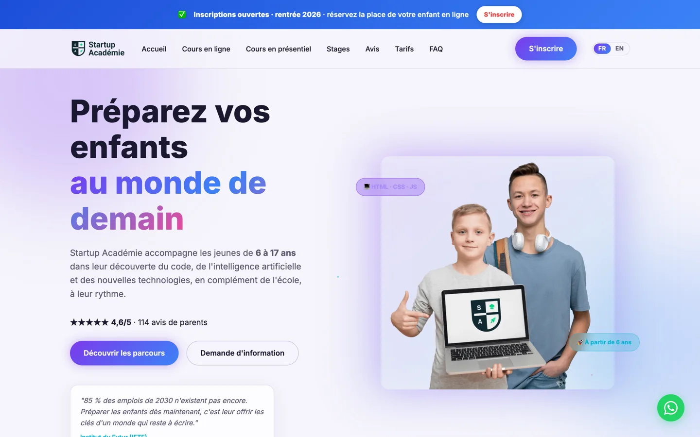 Site avec inscription et paiement en ligne, Startup Académie